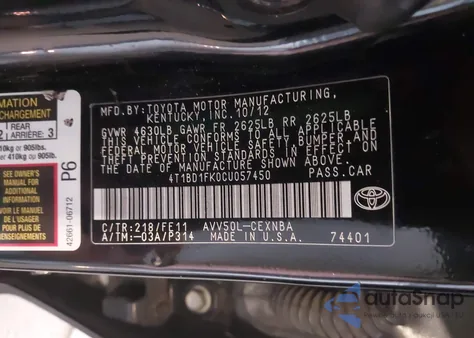 2012 Toyota Camry Hybrid Le from USA, damaged, VIN 4T1BD1FK0CU057450